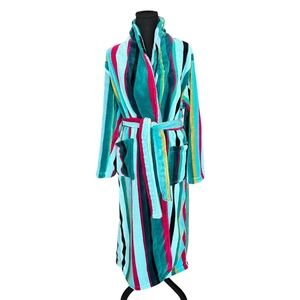 Alexander Del Rossa Plush Fleece Robe M Teal Pink Striped Belted Cozy Spa